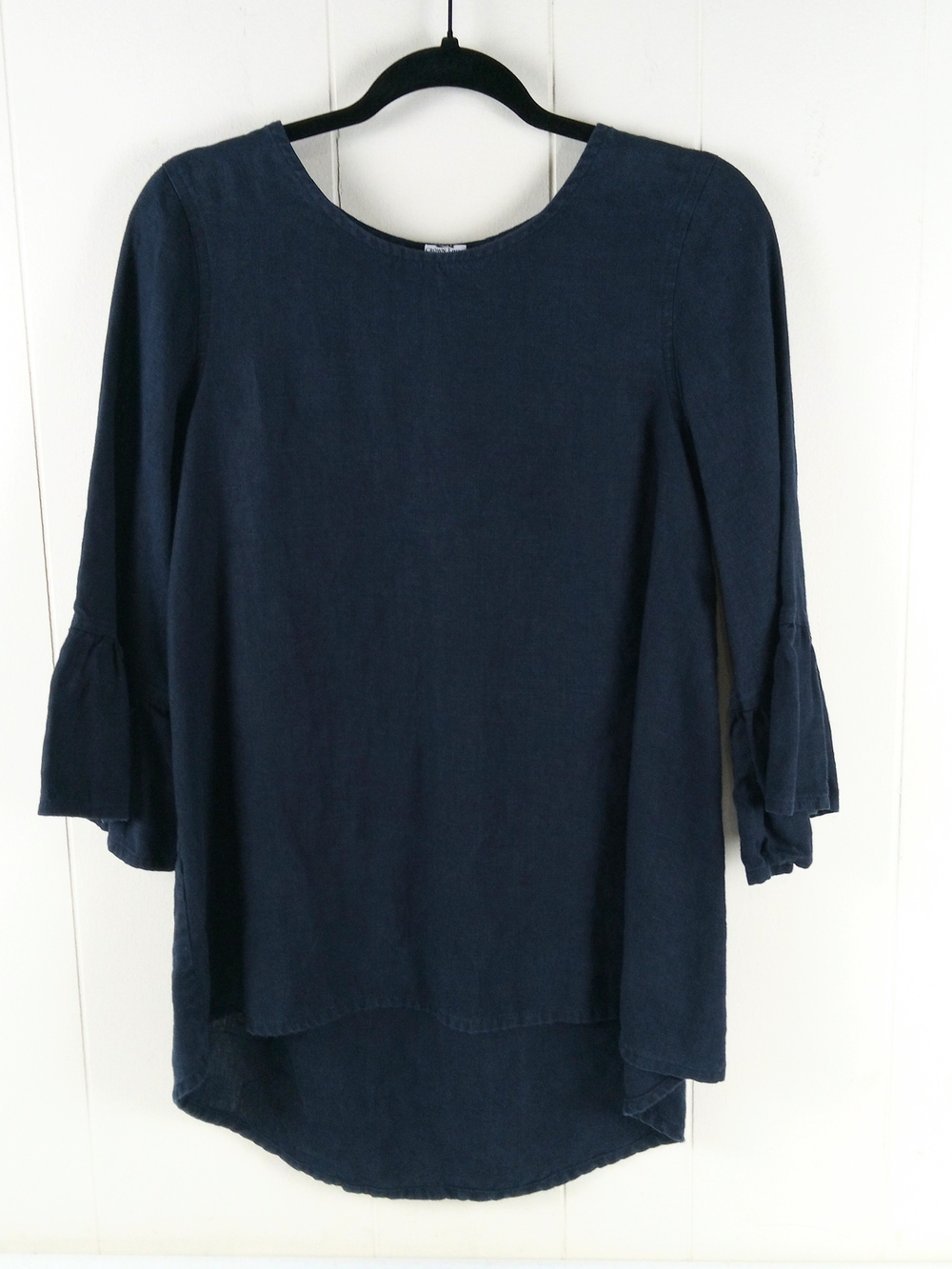 Womens Size S Navy Blue 100% European Linen Bell Sleeve Top Lagenlook Natural